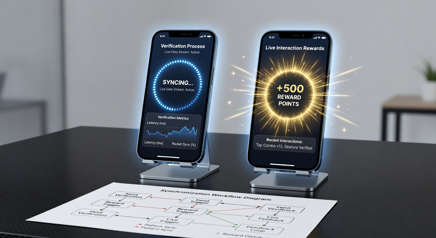 Smartphone mit Synchronisationsanzeige zwischen Verifizierung und Live-Belohnungen in einer Gaming-App