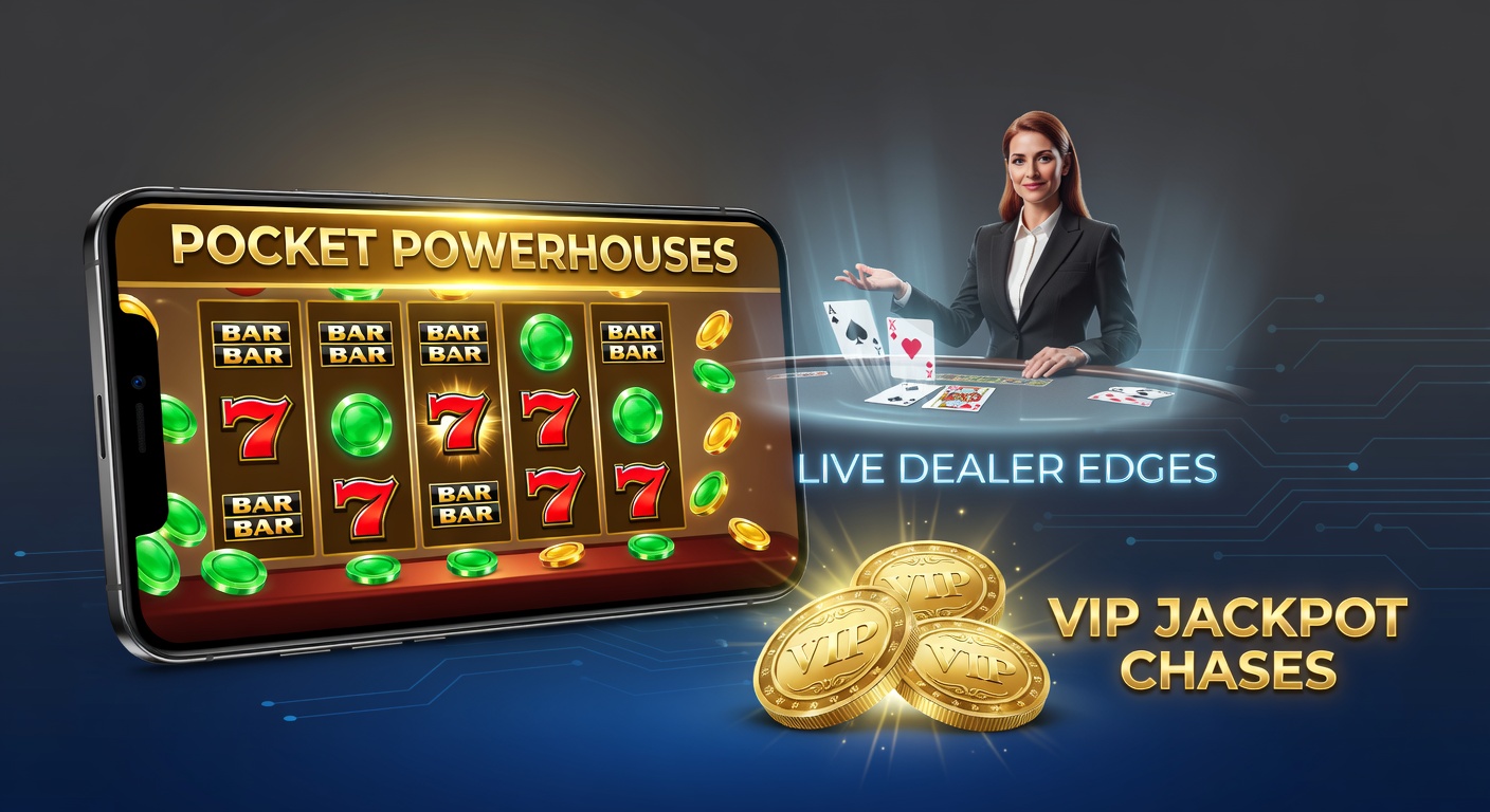 Smartphone mit leuchtenden Slot-Maschinen und Jackpot-Symbolen auf dem Bildschirm, umgeben von Casino-Elementen