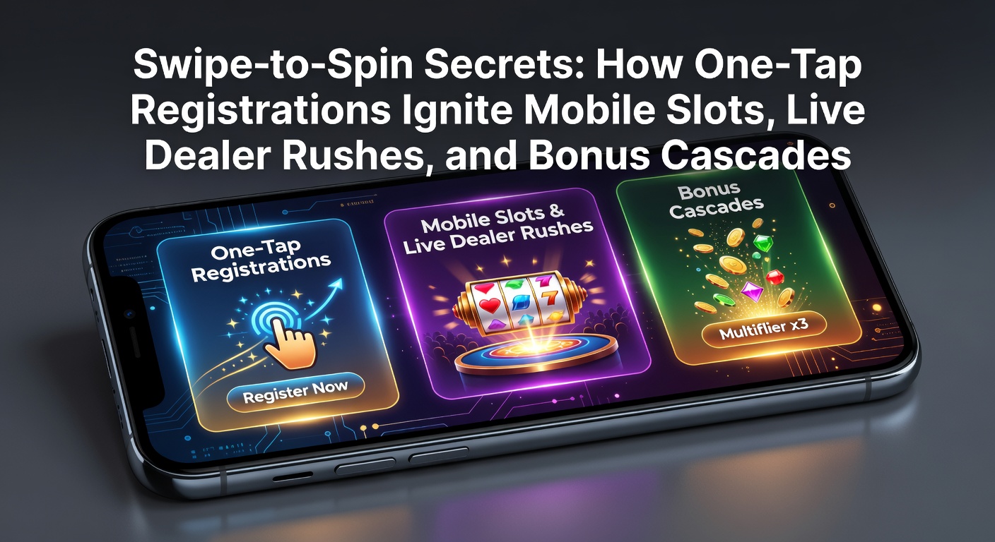 Smartphone mit blitzschneller Registrierung und drehenden Slot-Walzen im Vordergrund, umgeben von Live-Dealer-Tischen und explodierenden Bonus-Symbolen